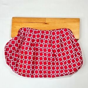 Old Navy Fabric Red & White Clutch Purse With Wooden Handles